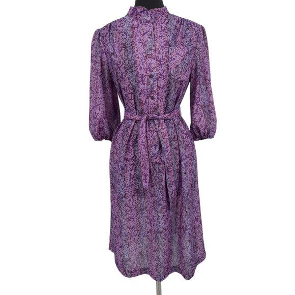 Vintage Dresses & Skirts - VTG 70s California Looks Purple Paisley Stripe Floral Print Day Dress Tie Waist
